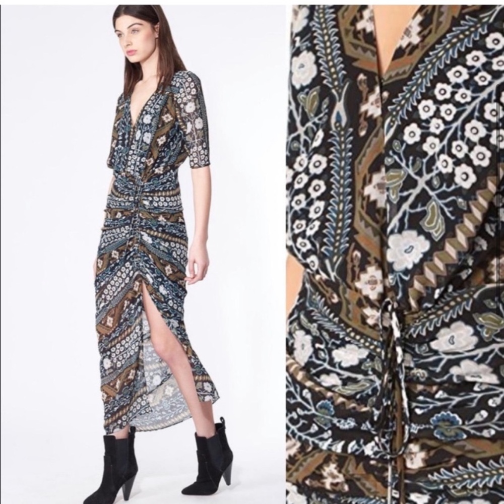 Veronica Beard Floral Ruched Side Maxi Dress Boho Mixed Print Womens Size 4 Silk